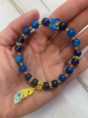 Blue Beaded Butterfly & Feather Crystal Charm Bracelet - Women Jewelry